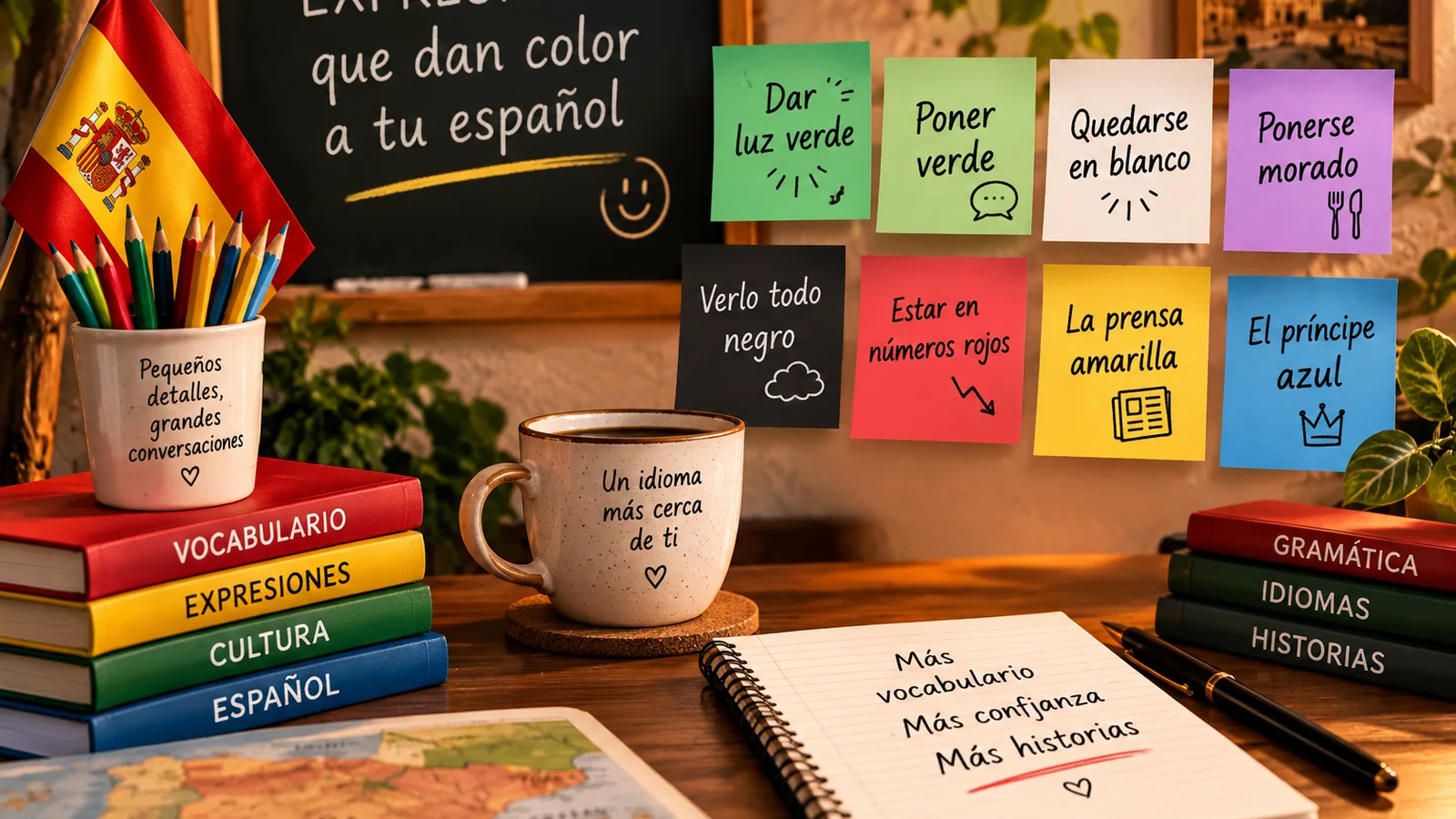 Expressões idiomáticas em espanhol representadas por cores e notas de estudo