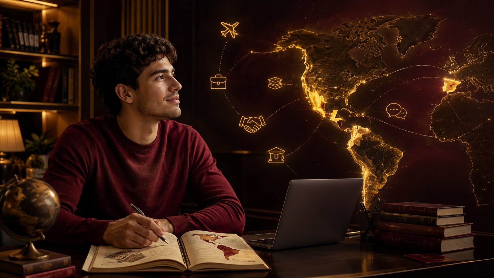 Estudante brasileiro diante de um mapa que conecta o Brasil ao mundo hispânico